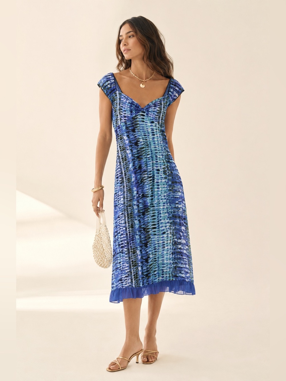 Y2K Mermaidcore Mesh Babydoll Midi Nap Dress Textured Print Principles Size L